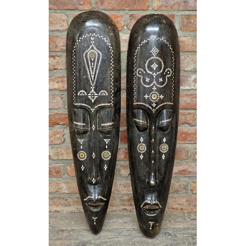 2115 - Two Large Tribal, Oceanic Lombok style Masks with Mother of Pearl inlay H100cm, W26cm (2)