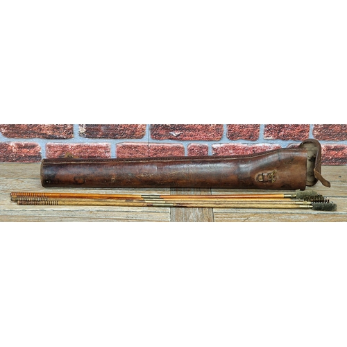 2461 - WW1 Leather and copper Shotgun case, with a collection of 3 piece barrel cleaning rods. (4)