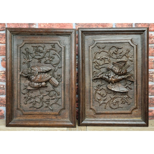 384 - Pair of carved black forest oak panels of woodcocks, 62 x 44cm