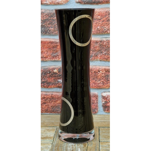 2071 - Studio glass Carr's of Sheffield vase, applied with four silver rings, 34cm high