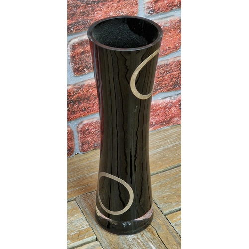 2071 - Studio glass Carr's of Sheffield vase, applied with four silver rings, 34cm high