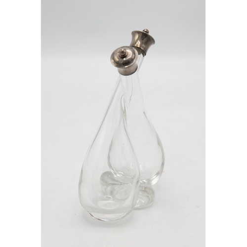 183 - Victorian hand blown oil and vinegar bottle with silver top, maker mark rubbed, Birmingham 1881, H 1... 