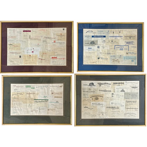 2518 - Set of four collages of vintage receipts from famous retailers, each collage has a differing predomi... 