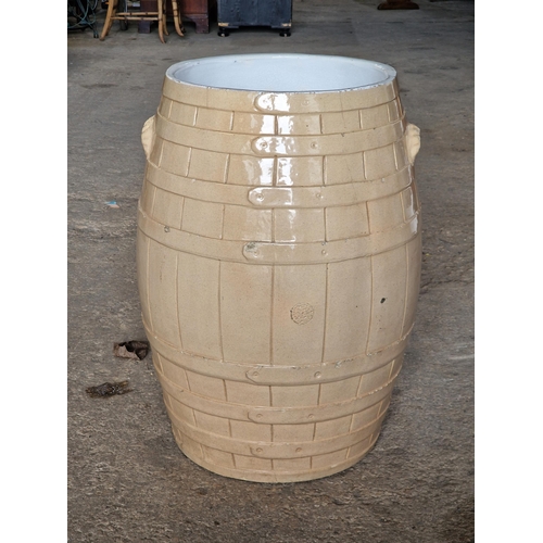 2081 - Large heavy saltglaze ceramic barrel with twin handles, H 67 x Dia 43cm