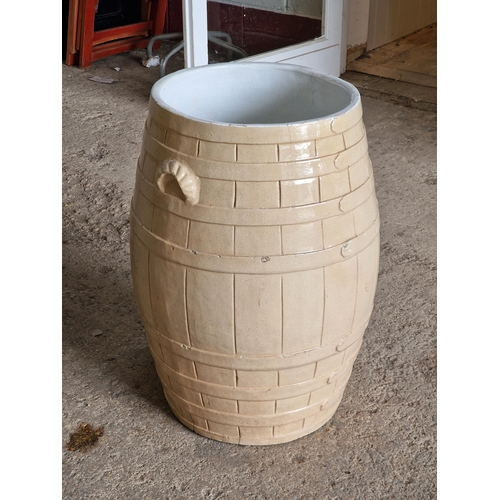 2081 - Large heavy saltglaze ceramic barrel with twin handles, H 67 x Dia 43cm