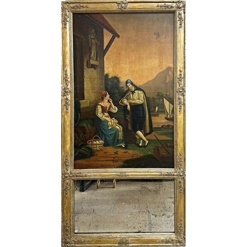 2442 - Good 19th century trumeau mirror, with original well pitted mercury glass, mounted by an oil paintin... 