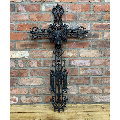 2269 - Antique French Gothic cast iron crucifix grave marker adorned with religious figures and having a pi... 