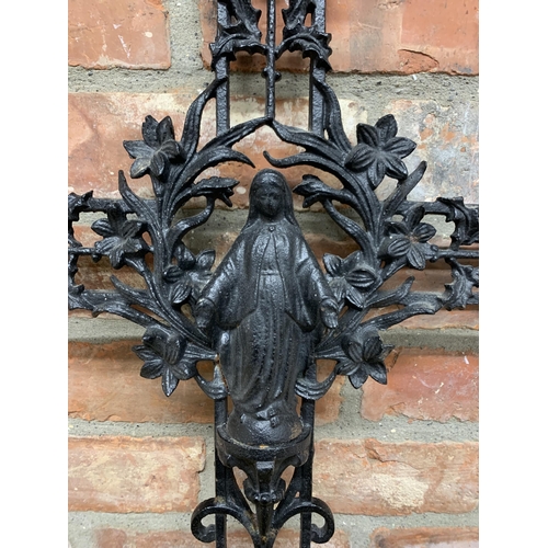 2269 - Antique French Gothic cast iron crucifix grave marker adorned with religious figures and having a pi... 