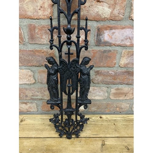 2269 - Antique French Gothic cast iron crucifix grave marker adorned with religious figures and having a pi... 