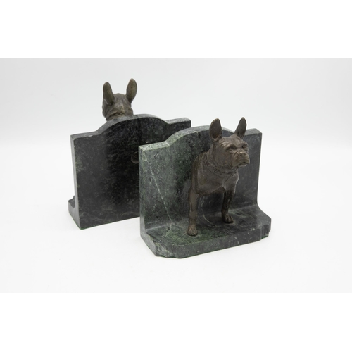 2271 - Good quality pair of cast bronze and marble French Bulldog bookends, H 18cm x W 16cm