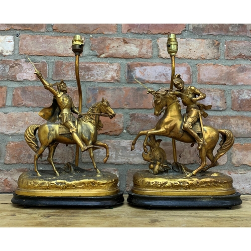 2402 - Pair of gilt spelter table lamps depicting Vercingetorix triumphant at the battle of Gergovia, mount... 