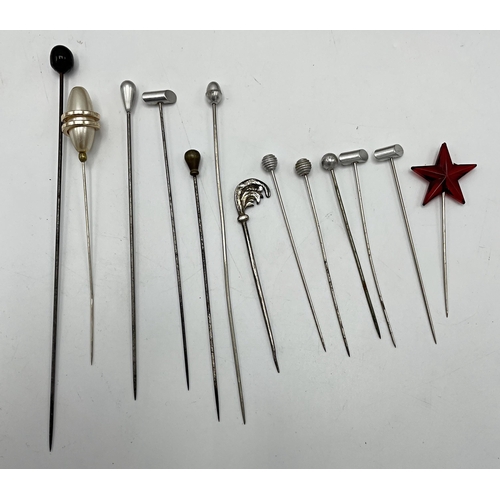 2340 - Collection of vintage hat pins, to include a black Onyx pin and a small 1920s Papier Mache tray, pro... 