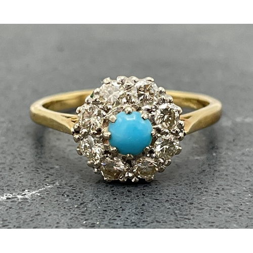 73 - Good 18ct turquoise and diamond cluster ring, central stone framed by eight .05 diamonds, size Q, 3.... 