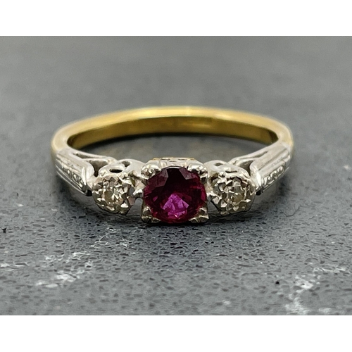 74 - 18ct and platinum pink sapphire and diamond three stone ring, size L, 3g