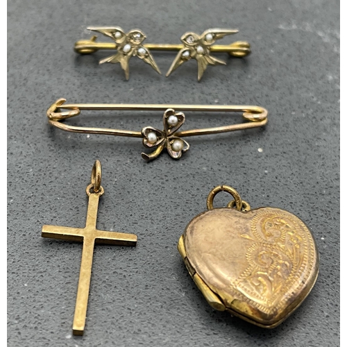79 - Mixed 9ct jewellery - cross pendant, heart locket pendant and two seed pearl brooches, 6.2g