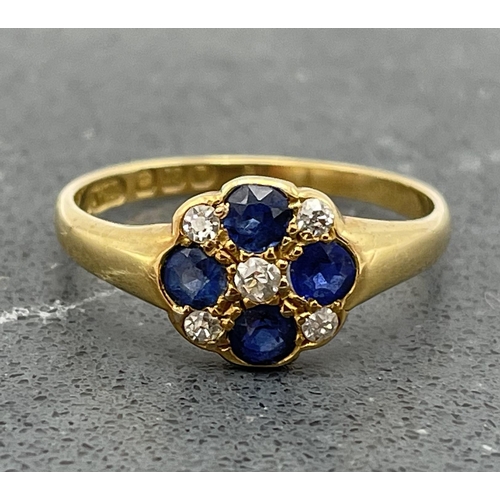 82 - Arts and Crafts 18ct sapphire and diamond quatrefoil ring by James William Benson, size P, 3g, in Ro... 