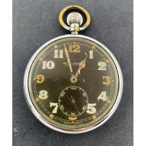 25 - Jaeger LeCoultre WWII military chrome pocket watch, black dial with Arabic numerals and subsidiary s... 