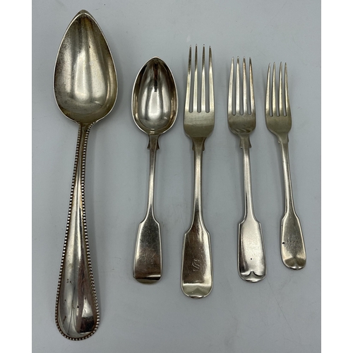 148 - Mixed silver flatware, three forks and a spoon, fiddle pattern, with a further large Dutch silver be... 