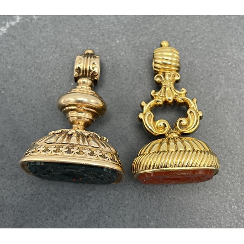 83 - TWO 19TH CENTURY GOLD MOUNTED FOB SEALS RELATING TO THE DUTTON AND SHERBORNE FAMILIES, both unmarked... 