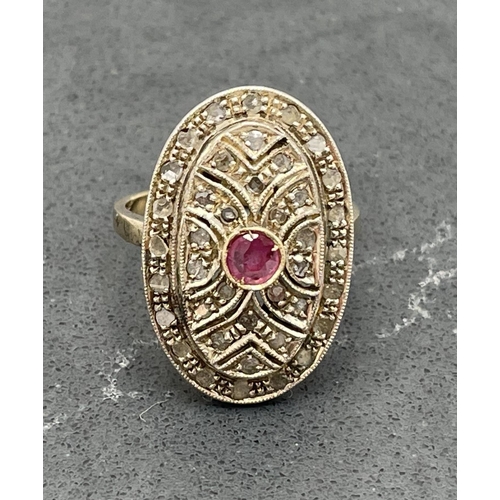 53 - Art Deco 18ct ruby and diamond cocktail type ring, central pink ruby cabochon, size S, 6.5g