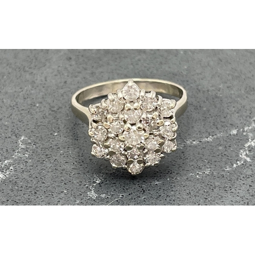 54 - 18ct white gold diamond cluster ring, set with 21 .10ct stones, size R, 7.1g