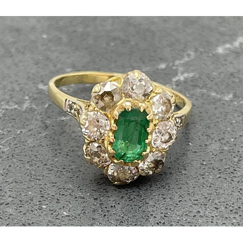 55 - Good quality 18ct old emerald and diamond cluster ring, set with eight .15ct diamonds, size P, 4.8g