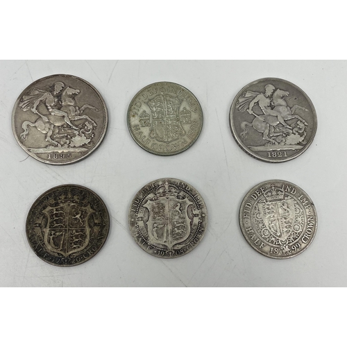 246 - George IV 1821 crown, 1895 crown, 1899 half crown, 1908 half crown, 1920 half crown 1939 half crown ... 