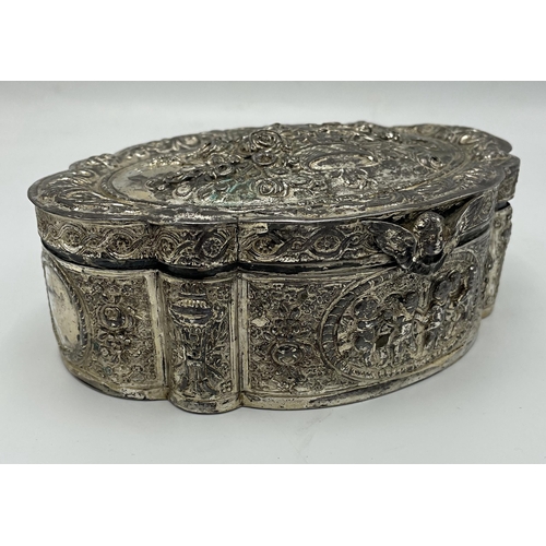 169 - Continental '800' silver lidded box, embosses with floral bouquets and cherubs, 6 x 17.5cm, 12oz app... 