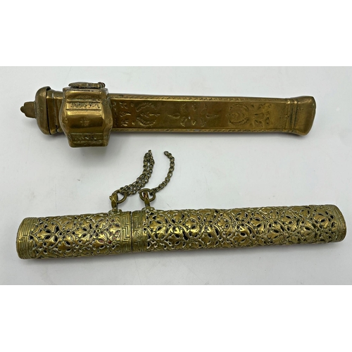 2154 - Antique Ottoman brass scribes travelling inkwell, 24cm long, with a further Tibetan brass needle or ... 