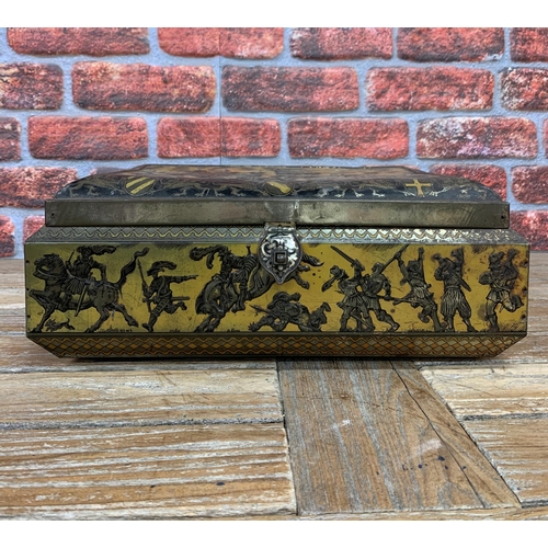 2513 - Antique Victoria large biscuit tin, decorated in relief with a medieval battle scene, 18 x 42cm