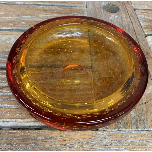 2073 - Whitefriars amber glass dish, 20cm diameter