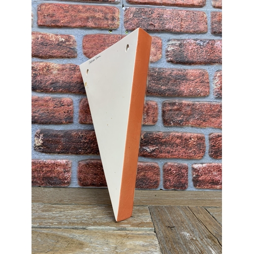 2074 - Unusual orange and white banded 'impossible triangle' ceramic wall pocket, signed to reverse, H 35cm