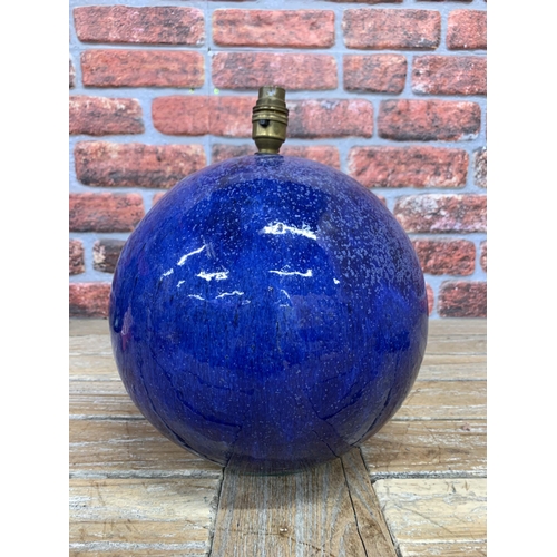 2390 - Large blue ceramic studio pottery sphere table lamp, H 33cm