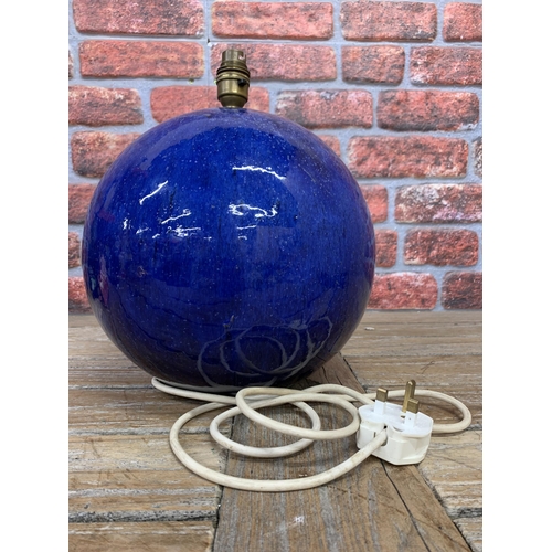 2390 - Large blue ceramic studio pottery sphere table lamp, H 33cm