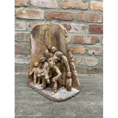 635 - Deborah McCabe (20th/21st century) - Communal scene with eight figures, terracotta sculpture, 39cm h... 