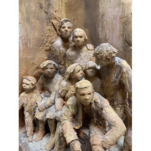 635 - Deborah McCabe (20th/21st century) - Communal scene with eight figures, terracotta sculpture, 39cm h... 