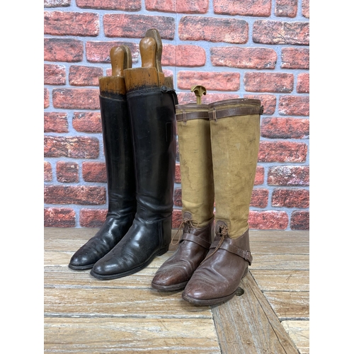 386 - Two pairs of riding boots with wooden and plastic shoe lasts, to include early black leather example... 