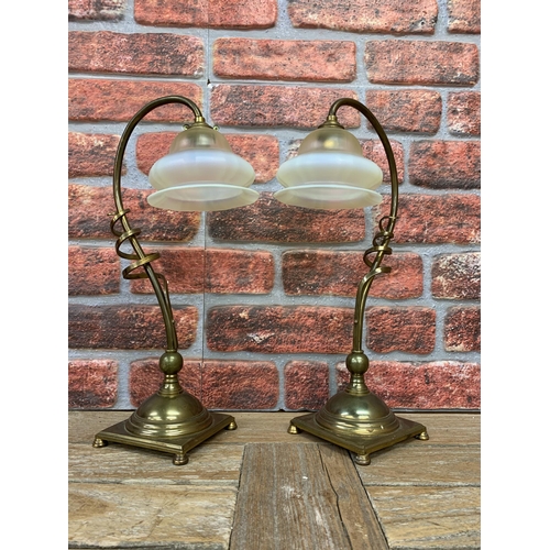 2395 - Exceptional pair of W.A.S. Benson Arts and Crafts table lamps, c1900 with John Walsh vaseline shades... 