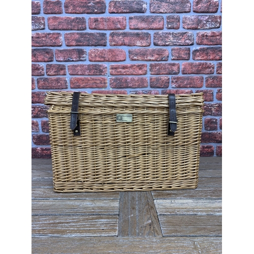 2334 - Impressive wicker picnic hamper with leather handle and buckle finish, fitted interior to include pl... 