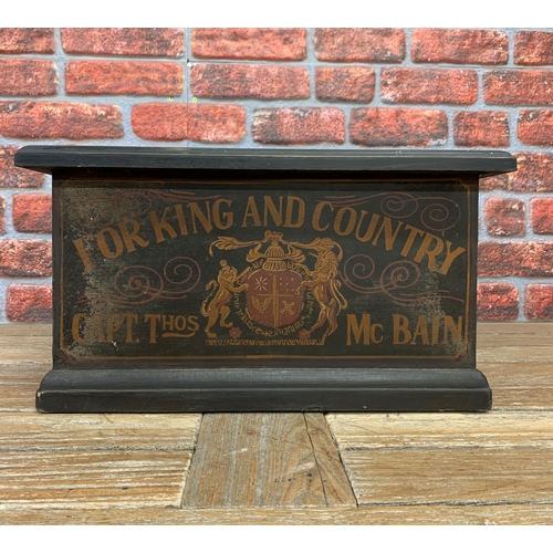 2281 - Wooden hand painted shoe box, hall, storage box.  The black box with 'For King and Country, Capt. Th... 