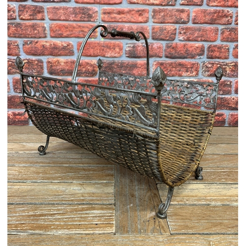 2253 - Vintage effect Rattan and Metal log basket, fireplace, magazine rack W53cm, H46cm