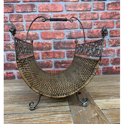 2253 - Vintage effect Rattan and Metal log basket, fireplace, magazine rack W53cm, H46cm