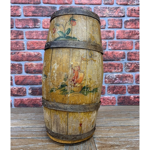 2191 - 19th Century painted Folk Art barrel hand painted with images of flowers etc, H 53cm