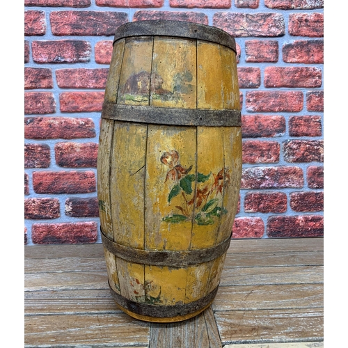 2191 - 19th Century painted Folk Art barrel hand painted with images of flowers etc, H 53cm