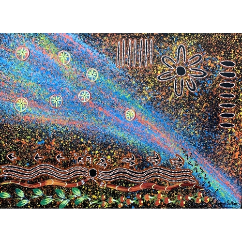 587 - Reggie Pepperil Sultan (1965-) Australian aboriginal acrylic on linen paper, abstract milky way sky ... 