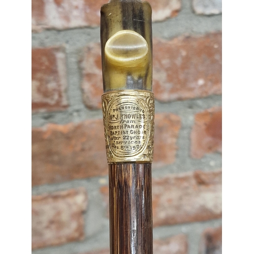 402 - Horn handle and silver gilt applied walking cane, the plaque 'presented to J. Knowles for 22 years o... 