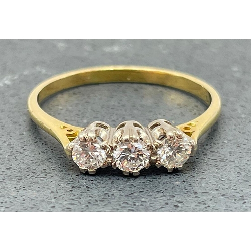 60 - 18ct three stone diamond ring, .25 stones, size S, 3.2g