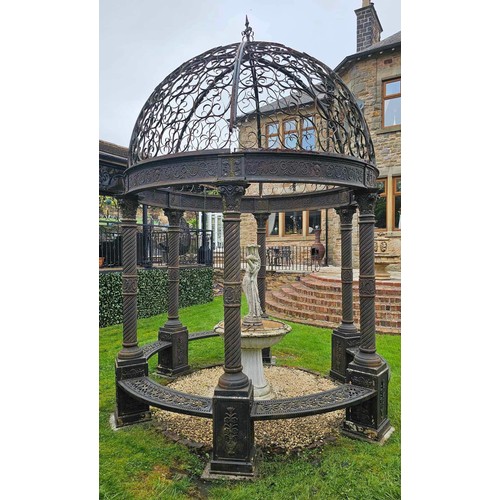 1275 - Good quality Victorian style cast iron gazebo, the domed canopy or gazebo with scroll work detail ra...