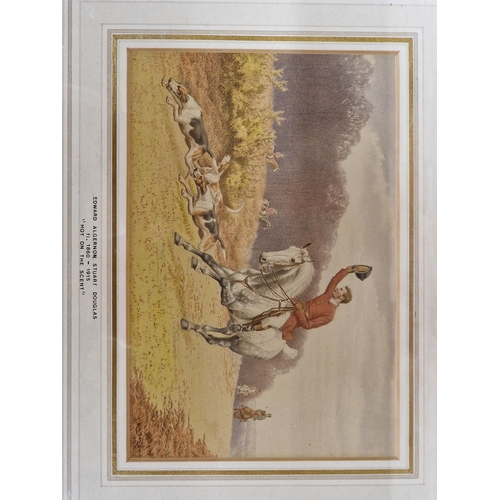 594 - Edward Algernon Douglas (1860-1915) three hunting scenes depicting rider and dogs, signed, watercolo... 