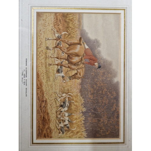 594 - Edward Algernon Douglas (1860-1915) three hunting scenes depicting rider and dogs, signed, watercolo... 